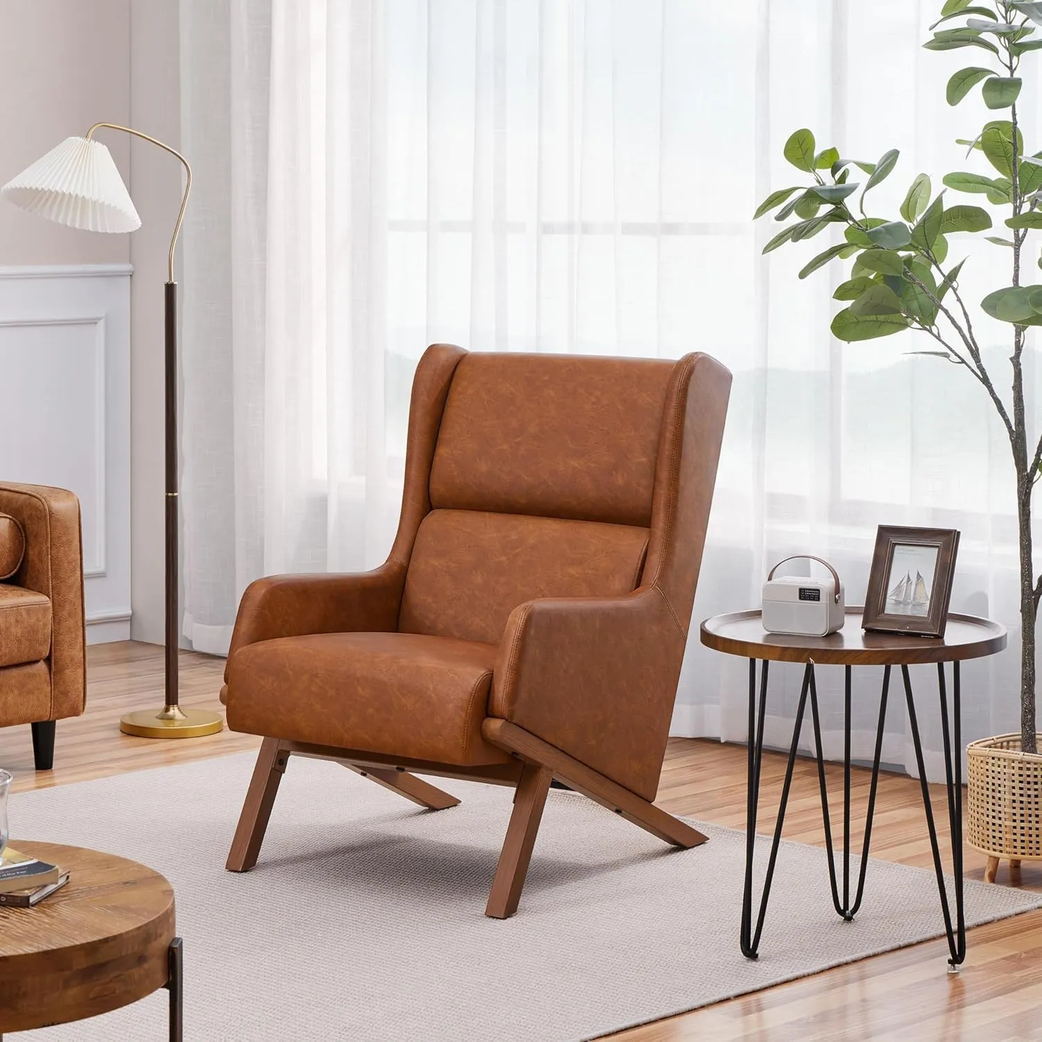 Yaheetech Brown Accent Chair, PU Leather Armchair High Wide Backrest, Oversized Recliner Chair Thick Seat Cushion for Office Reception Room Reading Nook, Brown
