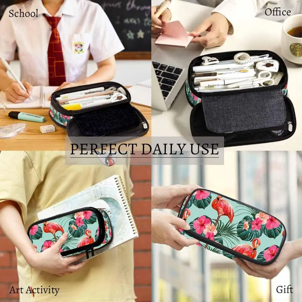 Yekiua Flamingos Pencil Case Beautiful Summer Tropical Floral Palm Leaves Hibiscus Big Capacity Pencil Pouch Office College Makeup Bag