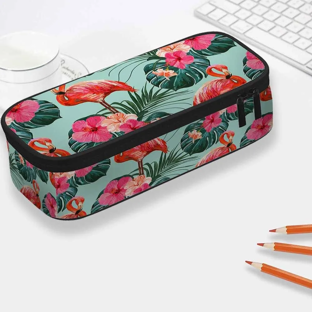 Yekiua Flamingos Pencil Case Beautiful Summer Tropical Floral Palm Leaves Hibiscus Big Capacity Pencil Pouch Office College Makeup Bag