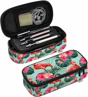 Yekiua Flamingos Pencil Case Beautiful Summer Tropical Floral Palm Leaves Hibiscus Big Capacity Pencil Pouch Office College Makeup Bag
