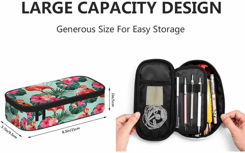 Yekiua Flamingos Pencil Case Beautiful Summer Tropical Floral Palm Leaves Hibiscus Big Capacity Pencil Pouch Office College Makeup Bag