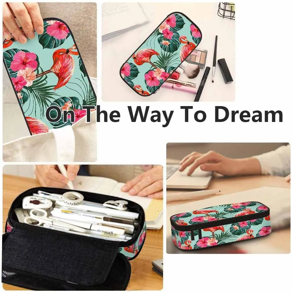 Yekiua Flamingos Pencil Case Beautiful Summer Tropical Floral Palm Leaves Hibiscus Big Capacity Pencil Pouch Office College Makeup Bag