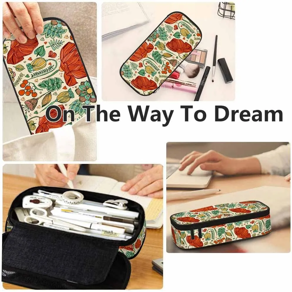 Yekiua Floral Pencil Pouch Blossom Wild Flower Leaves High Capacity Pencil Case Stationary Bag Cosmetics Bag Colorful