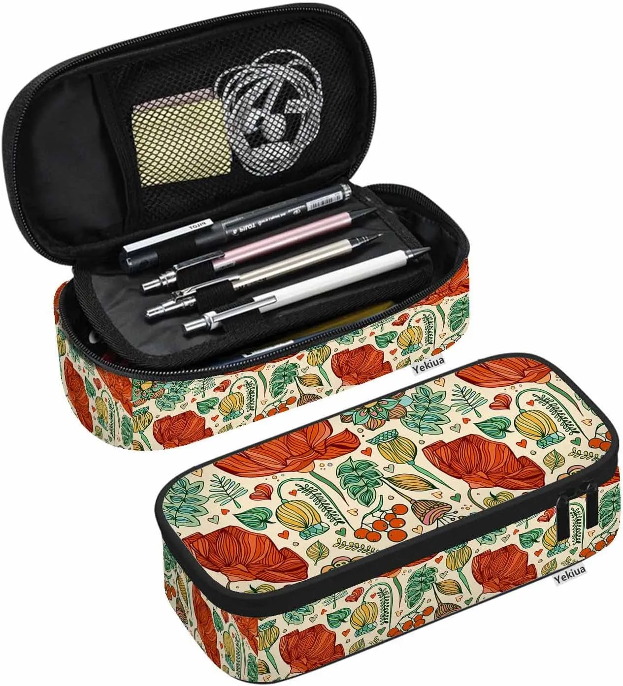Yekiua Floral Pencil Pouch Blossom Wild Flower Leaves High Capacity Pencil Case Stationary Bag Cosmetics Bag Colorful