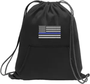 Yellow Dog Thin Blue Line Embroidered Subdued American Flag Law Enforcement Cinch Sack Backpack