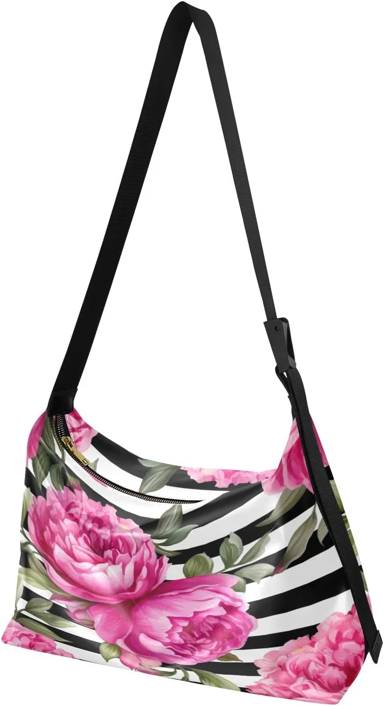 Yellow Floral with White Poppies Women Hobo Shoulder Bag, Large Leather Crossbody Bag, Cross Body Shoulder Bag Leather