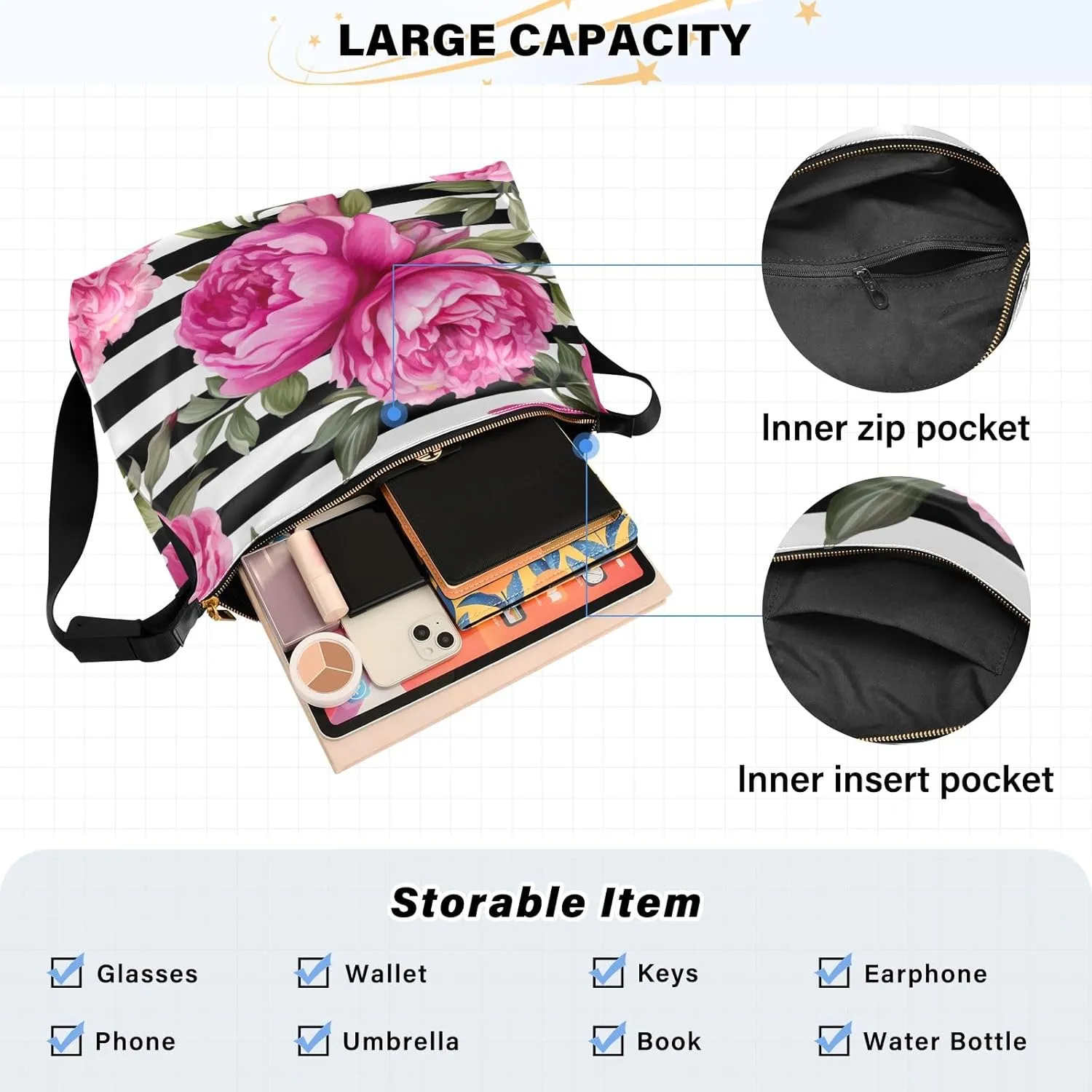 Yellow Floral with White Poppies Women Hobo Shoulder Bag, Large Leather Crossbody Bag, Cross Body Shoulder Bag Leather