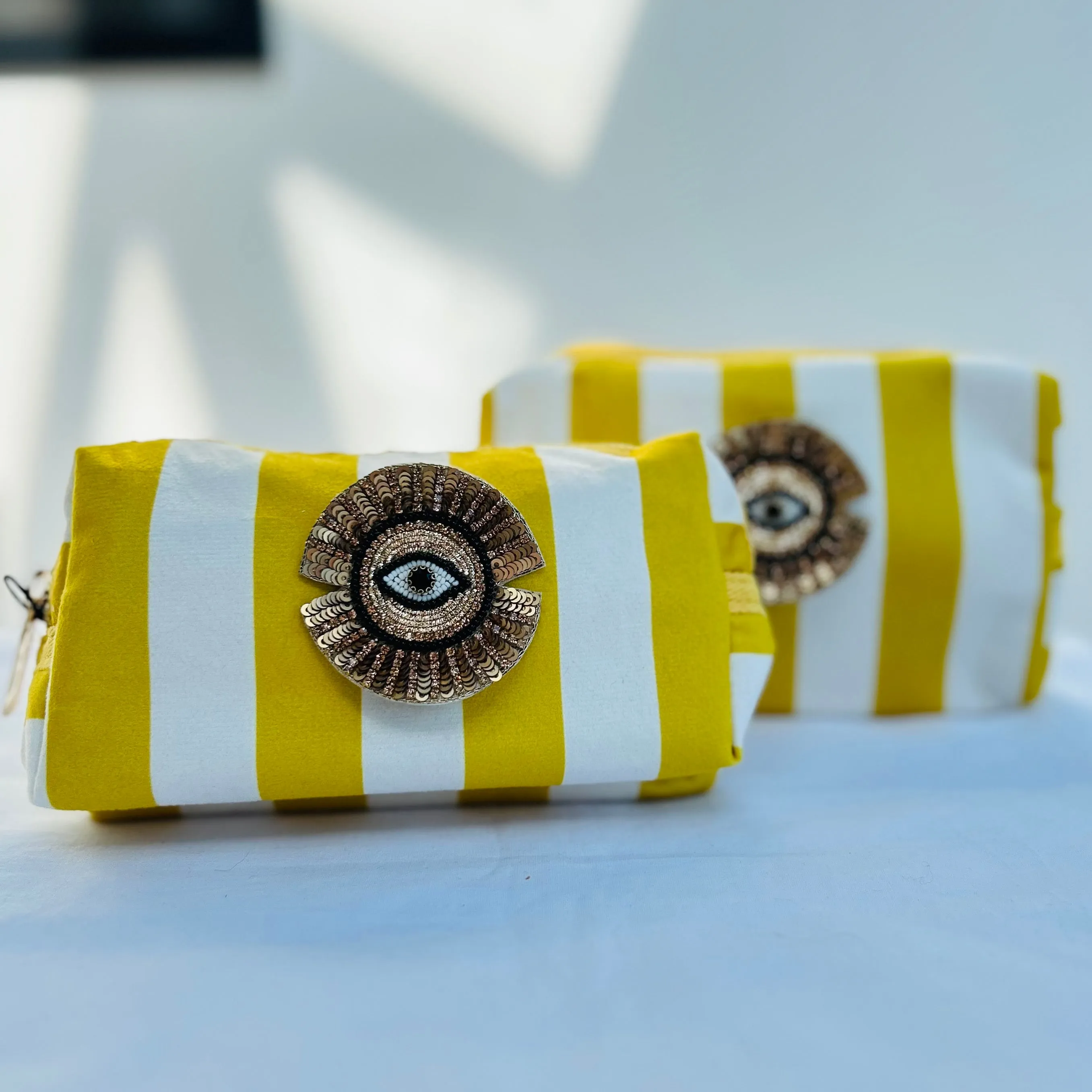 Yellow Stripe Velvet Make Up Bag with Eye Pin (two sizes)