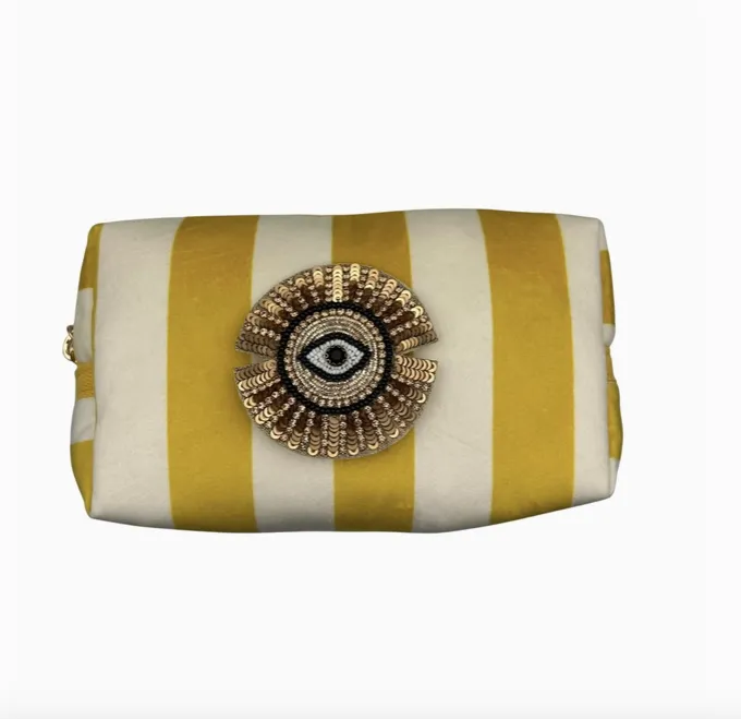 Yellow Stripe Velvet Make Up Bag with Eye Pin (two sizes)