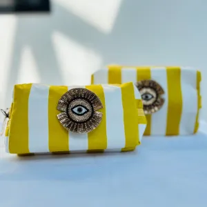 Yellow Stripe Velvet Make Up Bag with Eye Pin (two sizes)