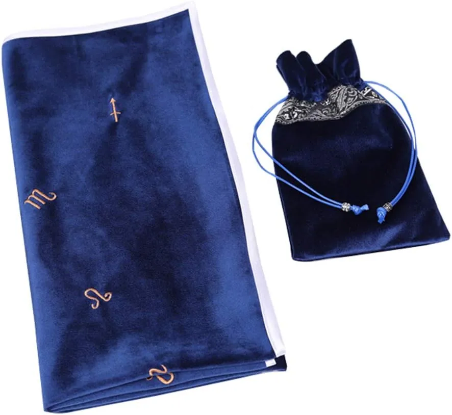 YM YOUMU Velvet Altar Cloth with Tarot Card Bag Gothic Embroidered Tarot Tablecloth Tapestry for Divination Wicca Astrology (Embroidered Blue)