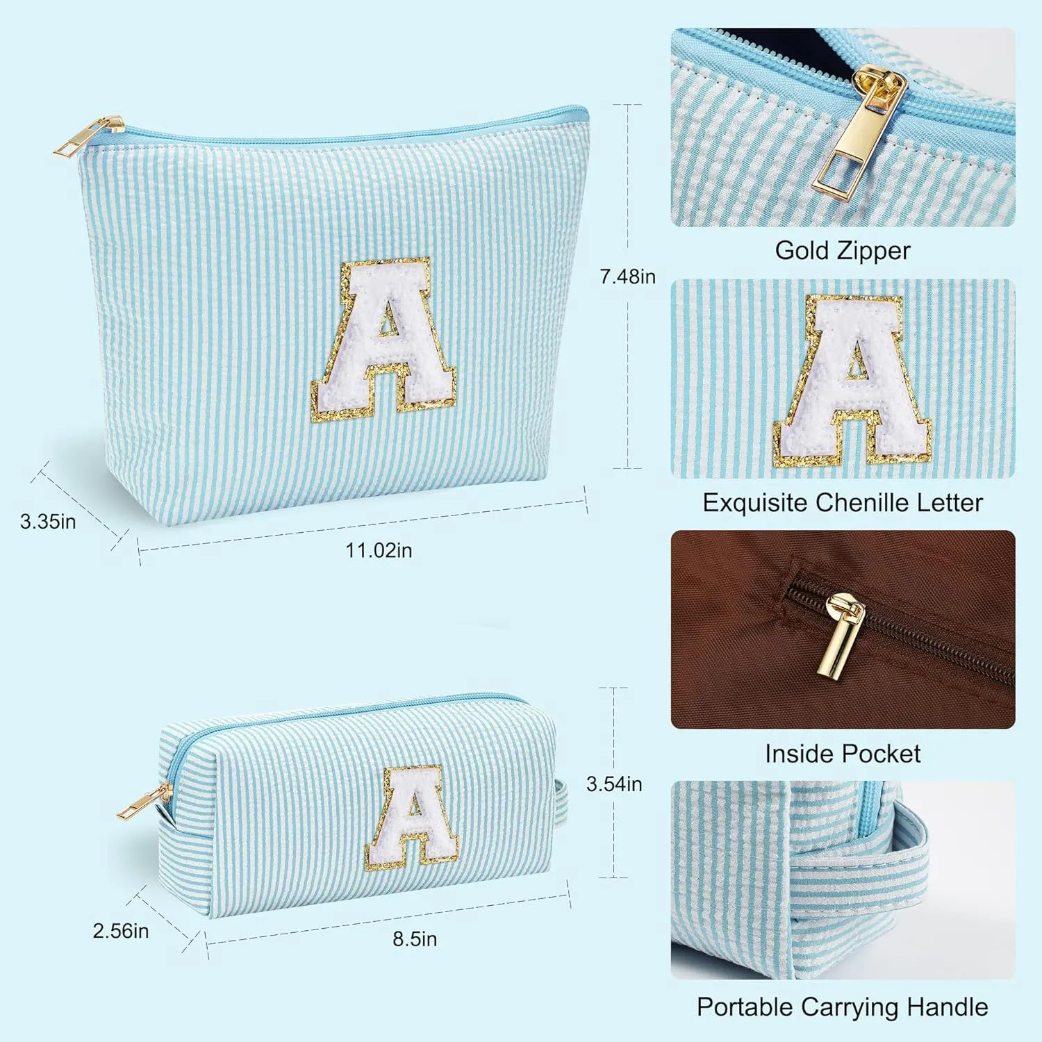 YOOLIFE Cute Makeup Bag for Girls Women - Cosmetic Bags for Teen Girl | Personalized Gifts for Women Her | Bridal Shower Gifts | Birthday Gifts for 3 4 5 6 7 8 9 10 11 12 13 Year Old Girls Initial A