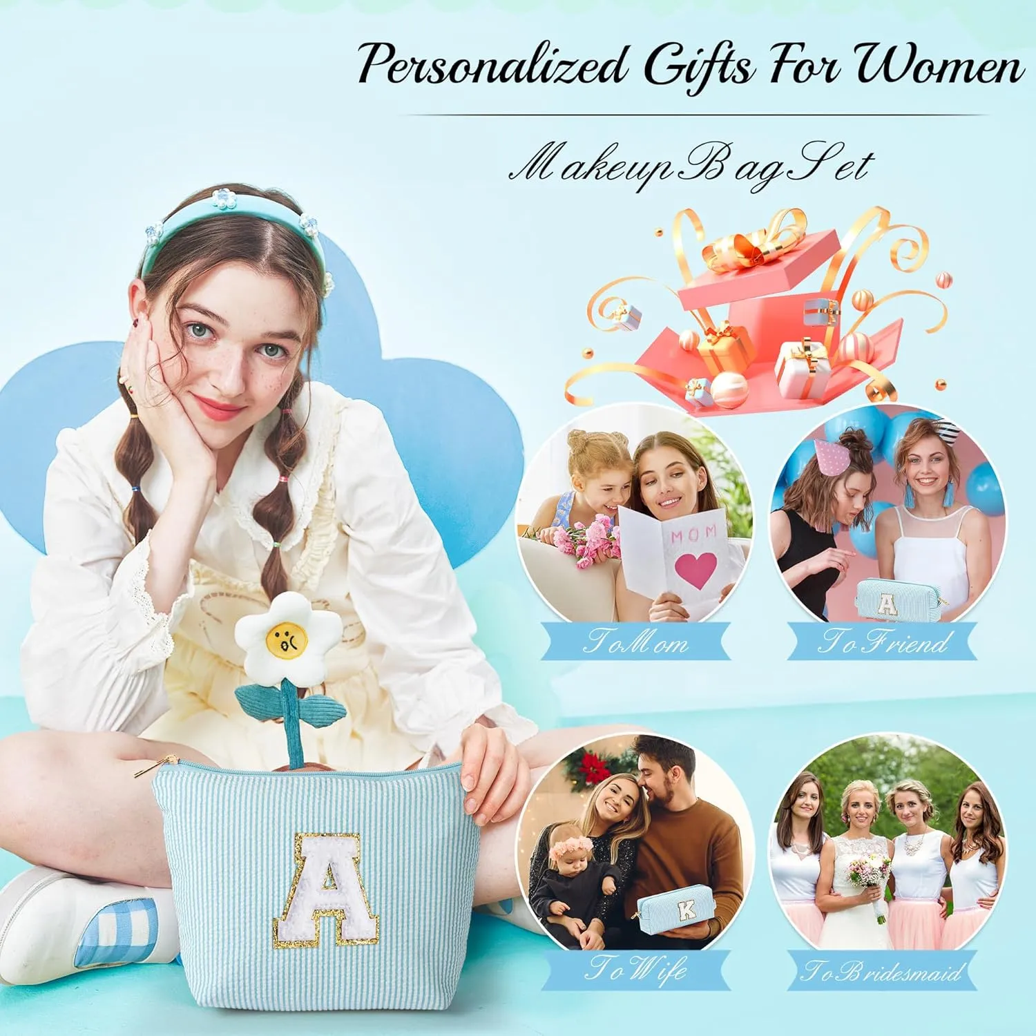 YOOLIFE Cute Makeup Bag for Girls Women - Cosmetic Bags for Teen Girl | Personalized Gifts for Women Her | Bridal Shower Gifts | Birthday Gifts for 3 4 5 6 7 8 9 10 11 12 13 Year Old Girls Initial A