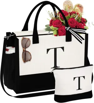 YOOLIFE Gifts for Women - Initial Tote Bag & Makeup Bag, Birthday Gifts for Women Mom Wife Teacher Friend