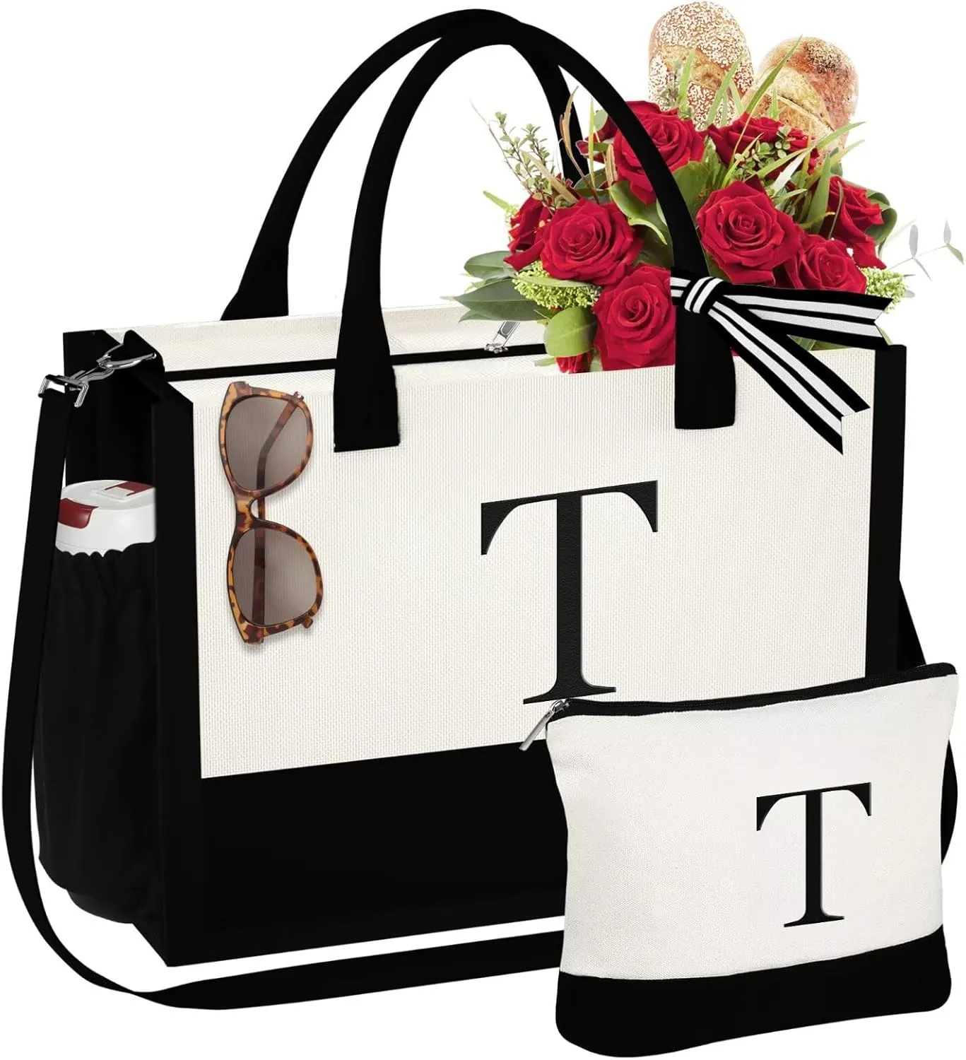YOOLIFE Gifts for Women - Initial Tote Bag & Makeup Bag, Birthday Gifts for Women Mom Wife Teacher Friend