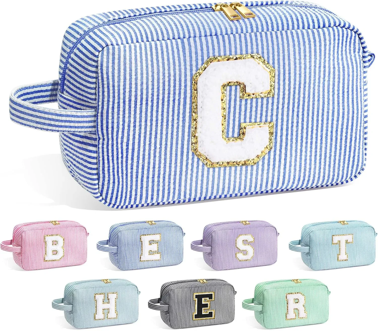 YOOLIFE Makeup Bag for Women - Monogram Cute Initial Blue Makeup Bags Cosmetic Toiletry Pouch Make Up Case for Women Her Best Friend Friendship Sister Teacher, Personalized Birthday Gifts for Women C