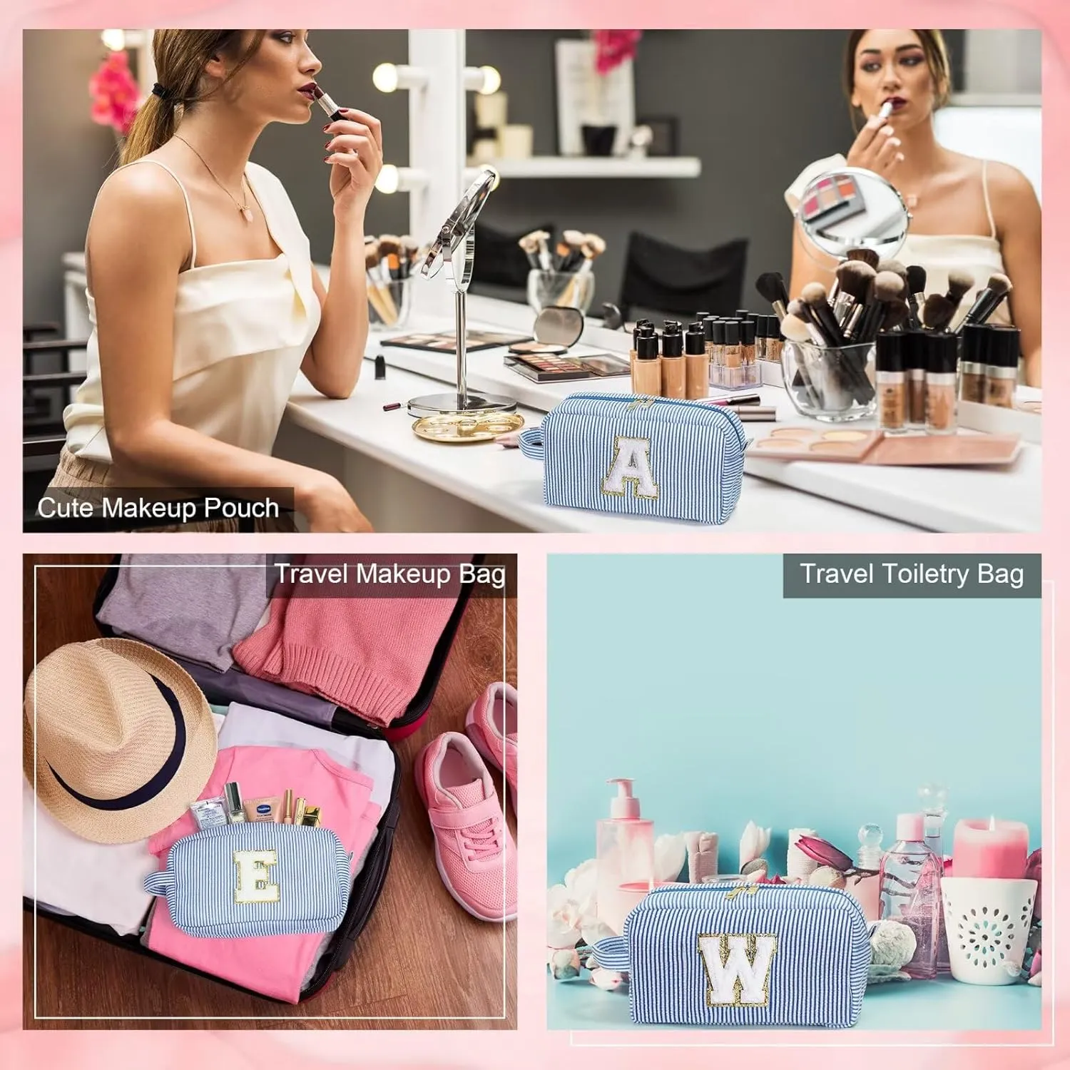 YOOLIFE Makeup Bag for Women - Monogram Cute Initial Blue Makeup Bags Cosmetic Toiletry Pouch Make Up Case for Women Her Best Friend Friendship Sister Teacher, Personalized Birthday Gifts for Women C