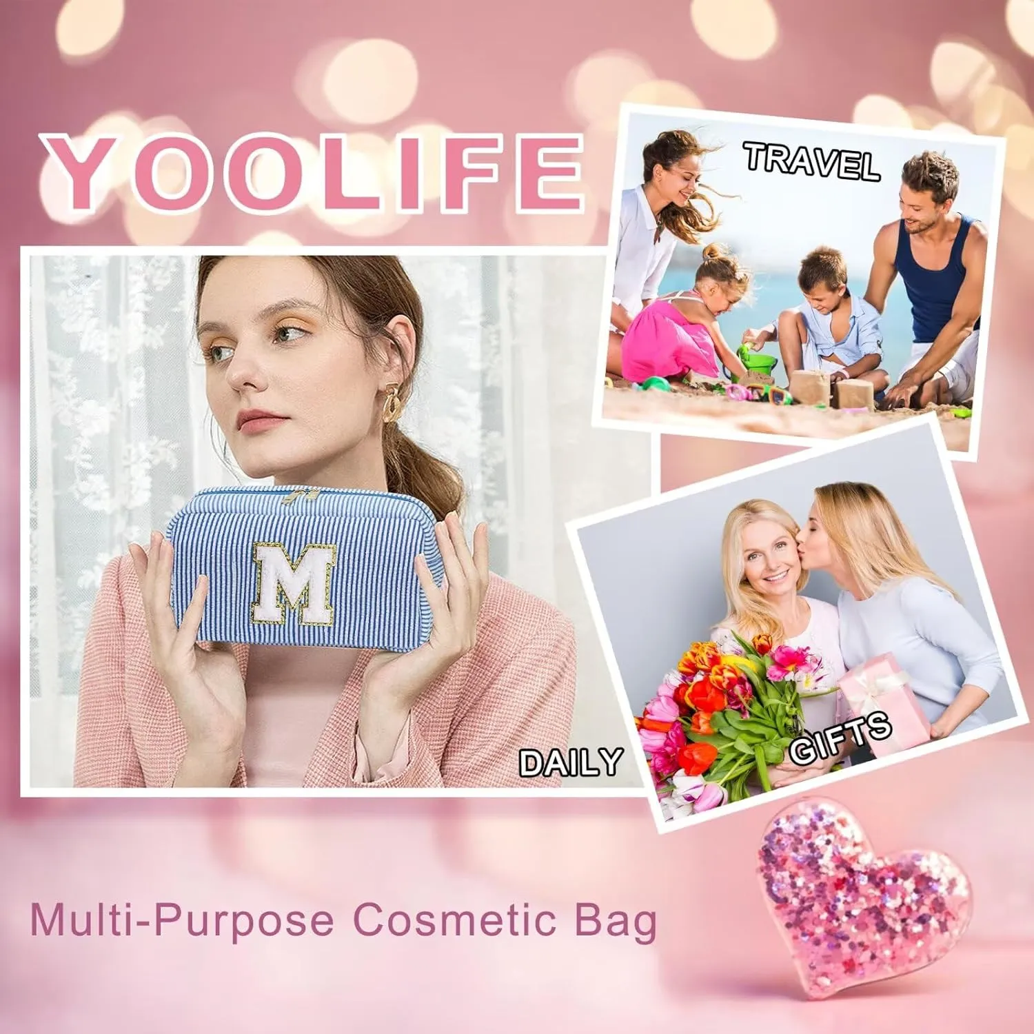YOOLIFE Makeup Bag for Women - Monogram Cute Initial Blue Makeup Bags Cosmetic Toiletry Pouch Make Up Case for Women Her Best Friend Friendship Sister Teacher, Personalized Birthday Gifts for Women C