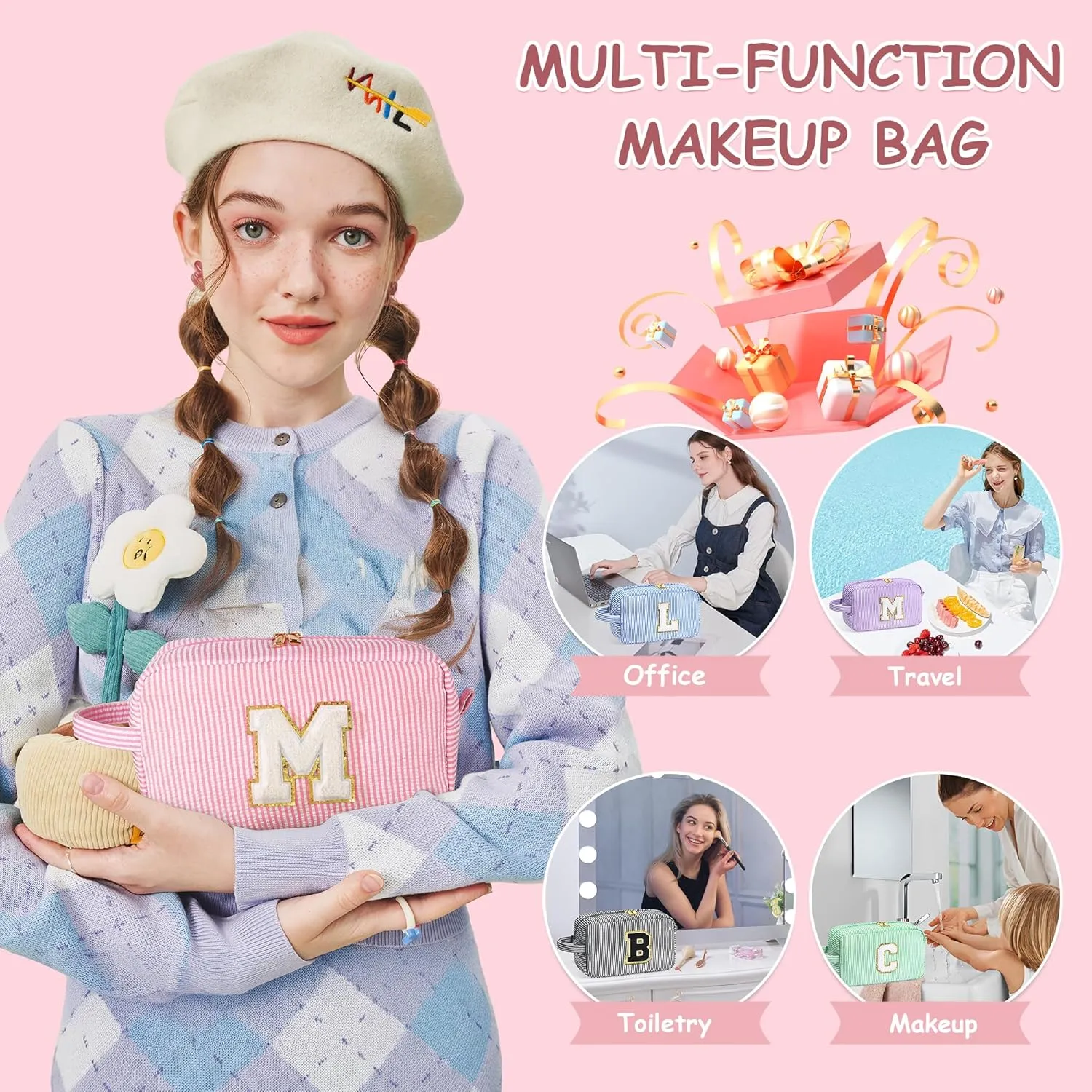 YOOLIFE Mothers Day Gifts for Women - Initial Makeup Bag, Birthday Gifts for Women Mom Sister Friend Daughter Teen Girls