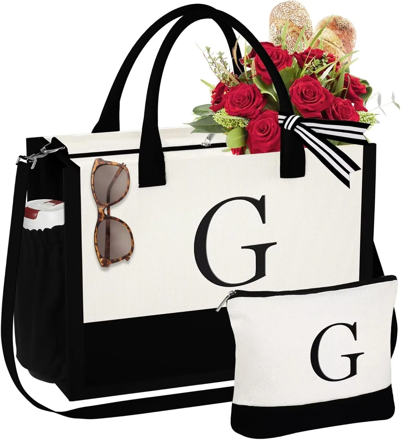 YOOLIFE Mothers Day Gifts for Women - Initial Tote Bag & Makeup Bag, Birthday Gifts for Women Mom Wife Teacher Friend