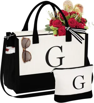 YOOLIFE Mothers Day Gifts for Women - Initial Tote Bag & Makeup Bag, Birthday Gifts for Women Mom Wife Teacher Friend