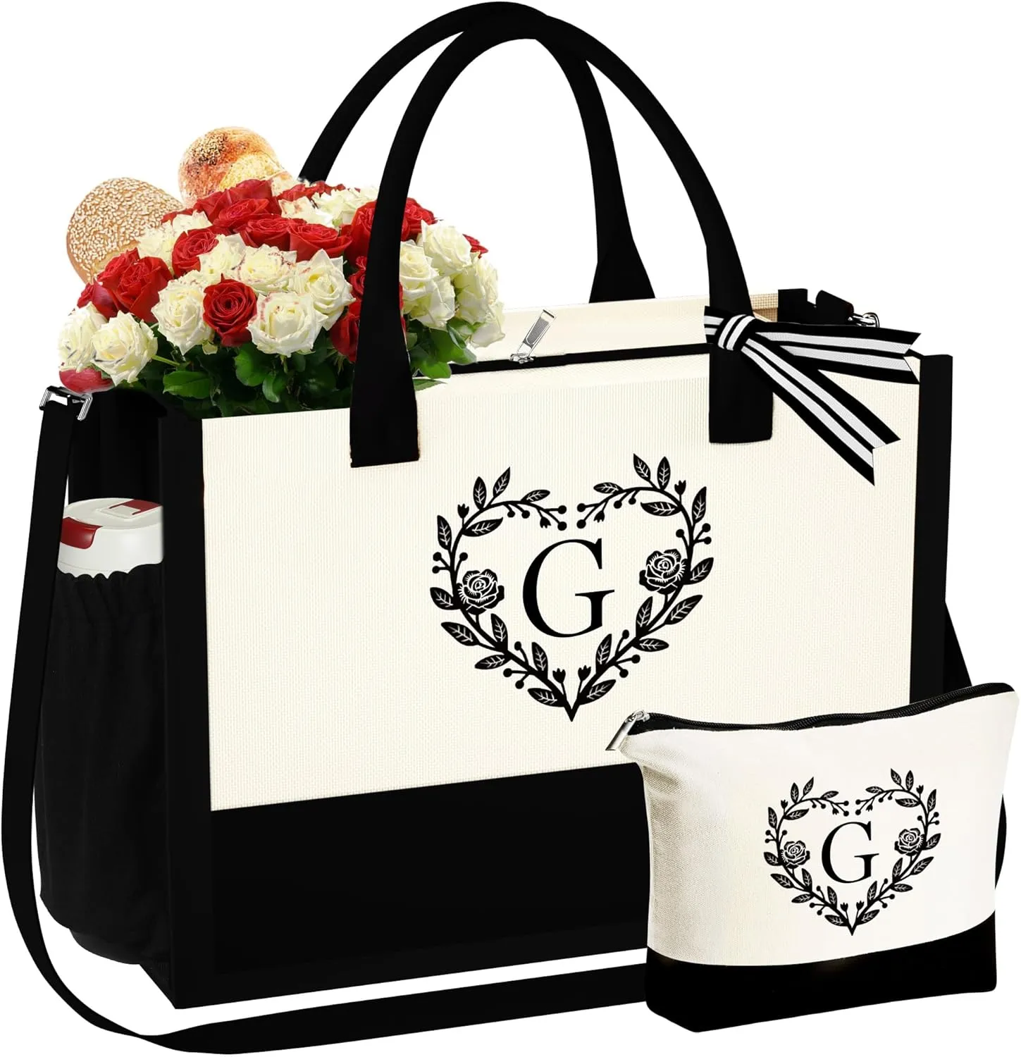 YOOLIFE Mothers Day Gifts - Initial Canvas Tote Bag Makeup Bag, Personalized Gifts for Women Mom Wife Teacher Friend Birthday