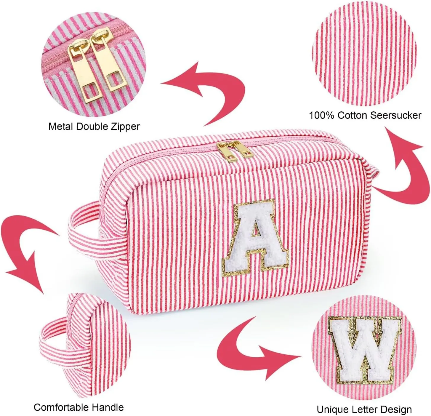YOOLIFE Personalized Initial Cosmetic Bag - Makeup, Toiletry, Travel, Gift - Pink - Cosmetic Bag