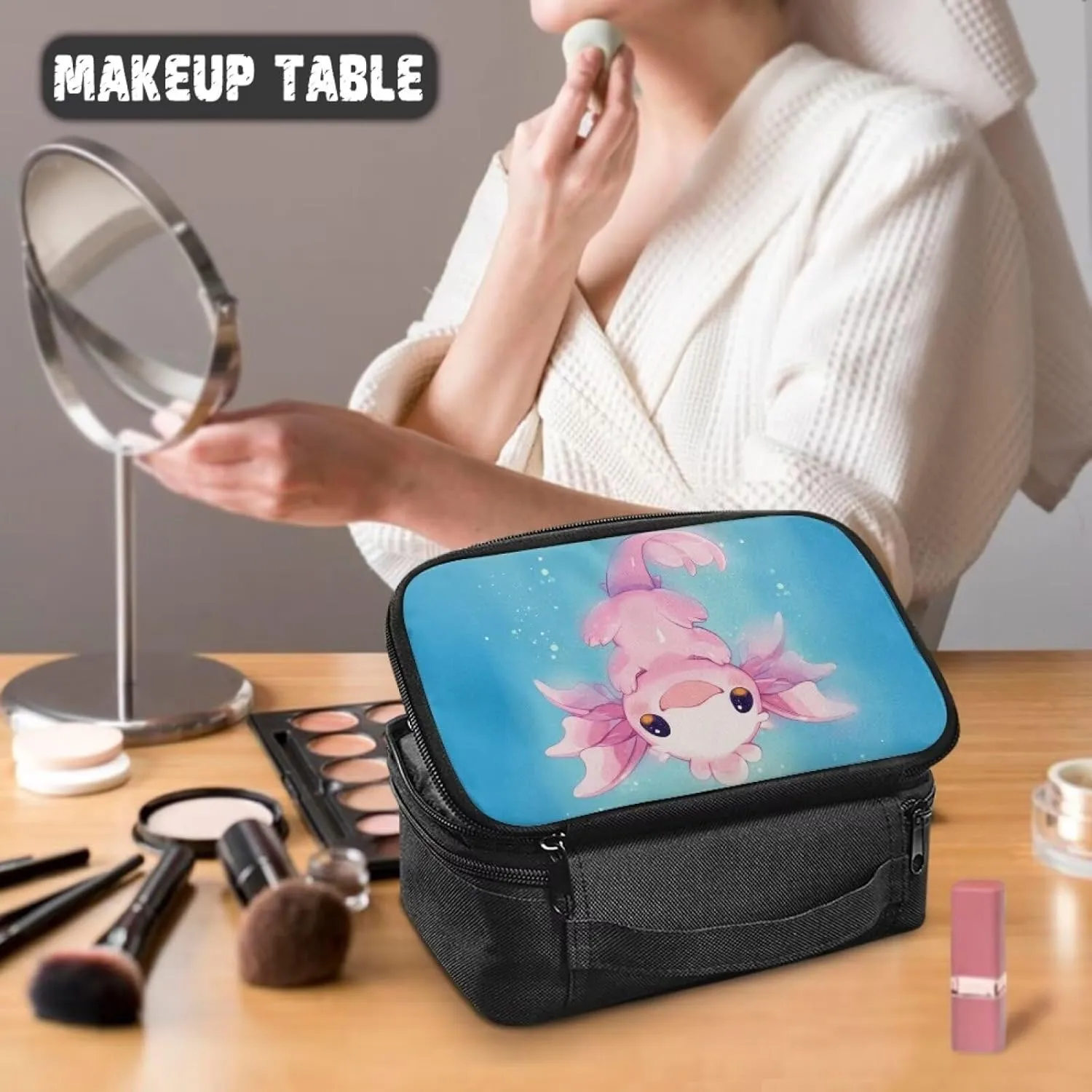 Yzaoxia Axolotl Small Cosmetic Bag for Purse for Women Cute Makeup Bags with Zipper Ladies Portable Make Up Bag for Travel Organizer Wash Bags Roomy Pocket