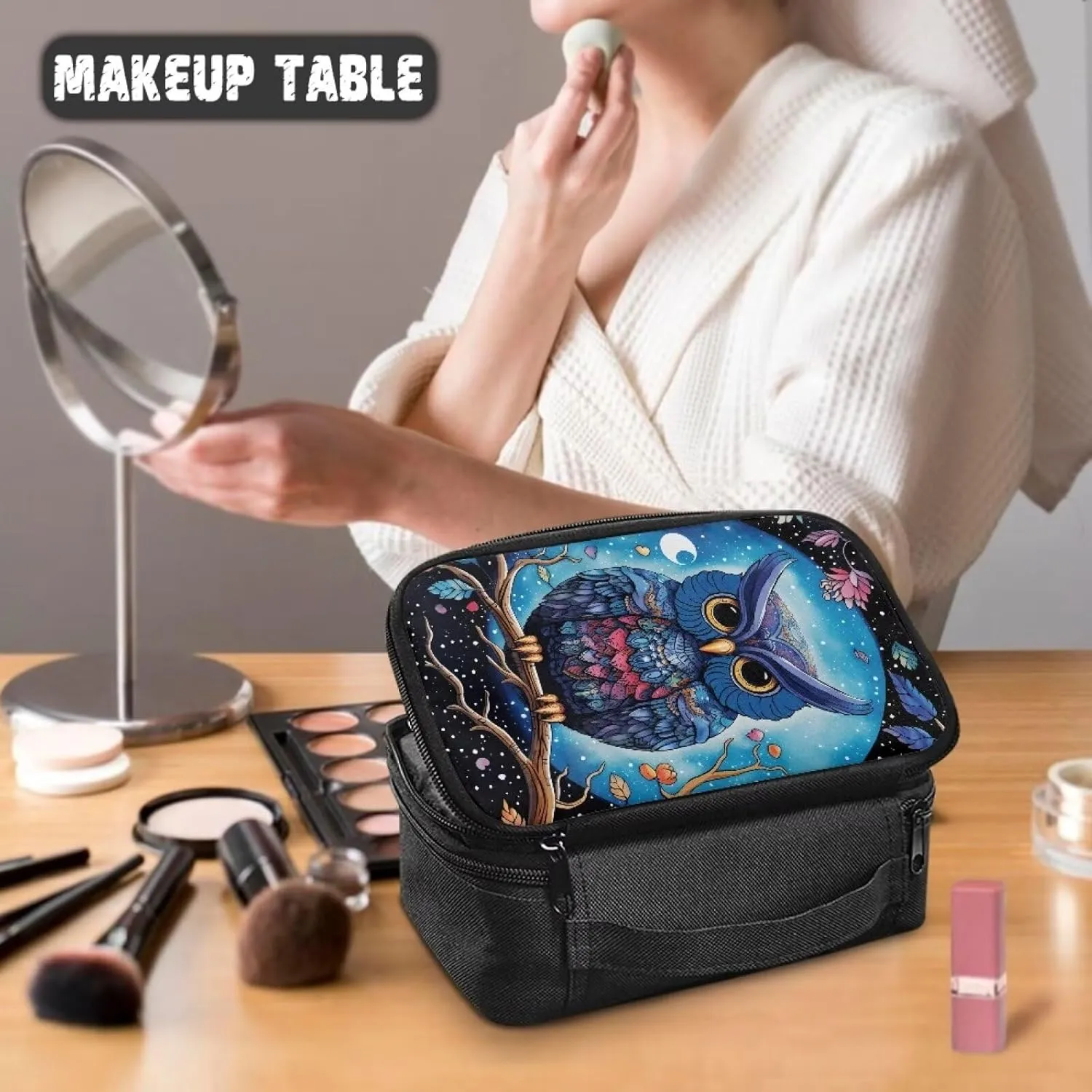 Yzaoxia Cartoon Owl Makeup Bag for Purse for Women Small Make Up Pouch Canvas Cosmetic Bags Travel Makeup Brushes Organizer with Handle Roomy Zipper Pocket