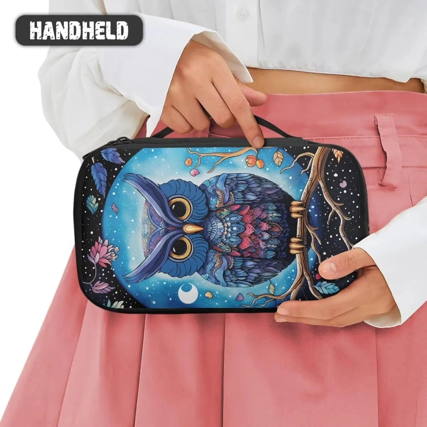 Yzaoxia Cartoon Owl Makeup Bag for Purse for Women Small Make Up Pouch Canvas Cosmetic Bags Travel Makeup Brushes Organizer with Handle Roomy Zipper Pocket