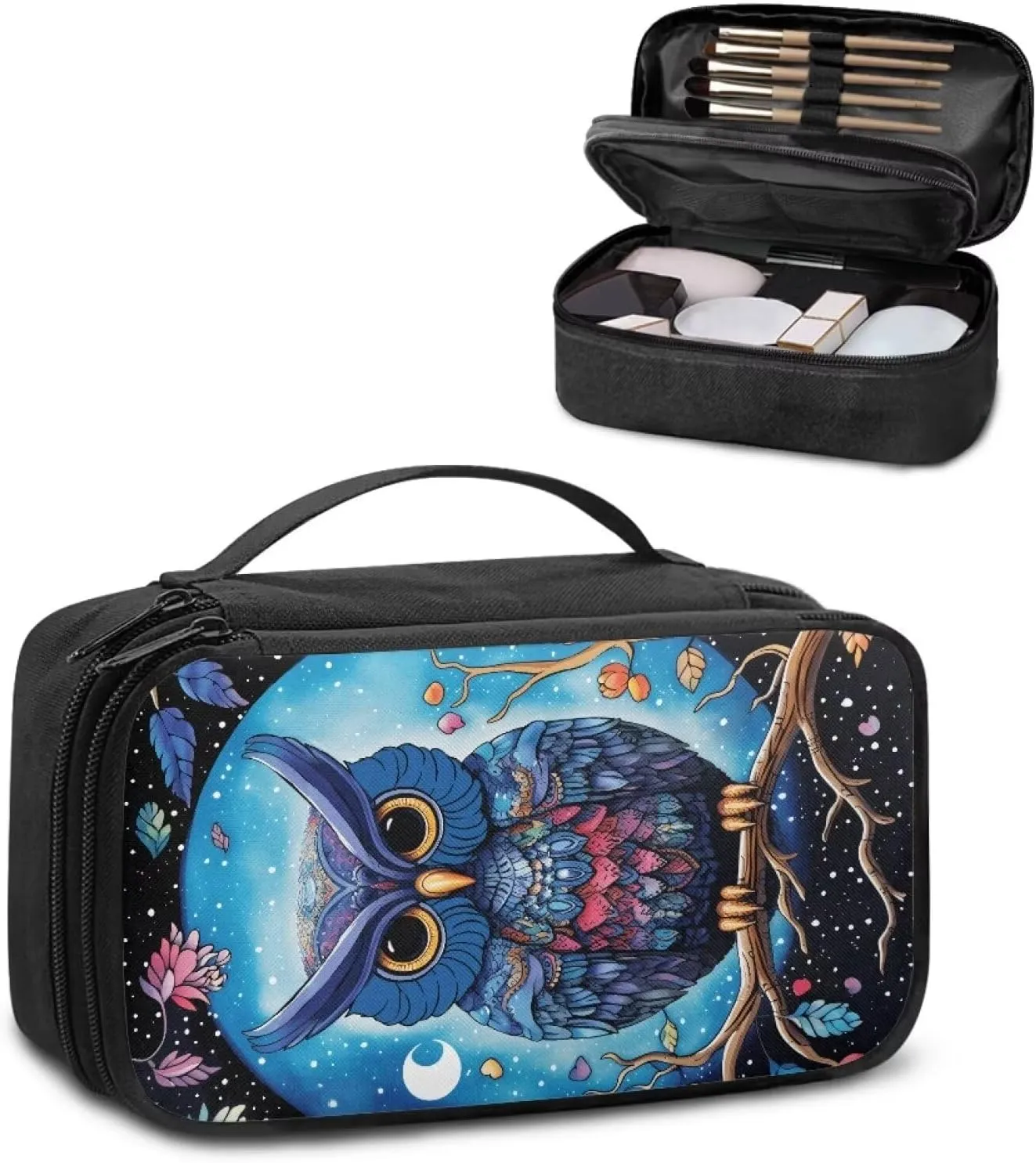 Yzaoxia Cartoon Owl Makeup Bag for Purse for Women Small Make Up Pouch Canvas Cosmetic Bags Travel Makeup Brushes Organizer with Handle Roomy Zipper Pocket