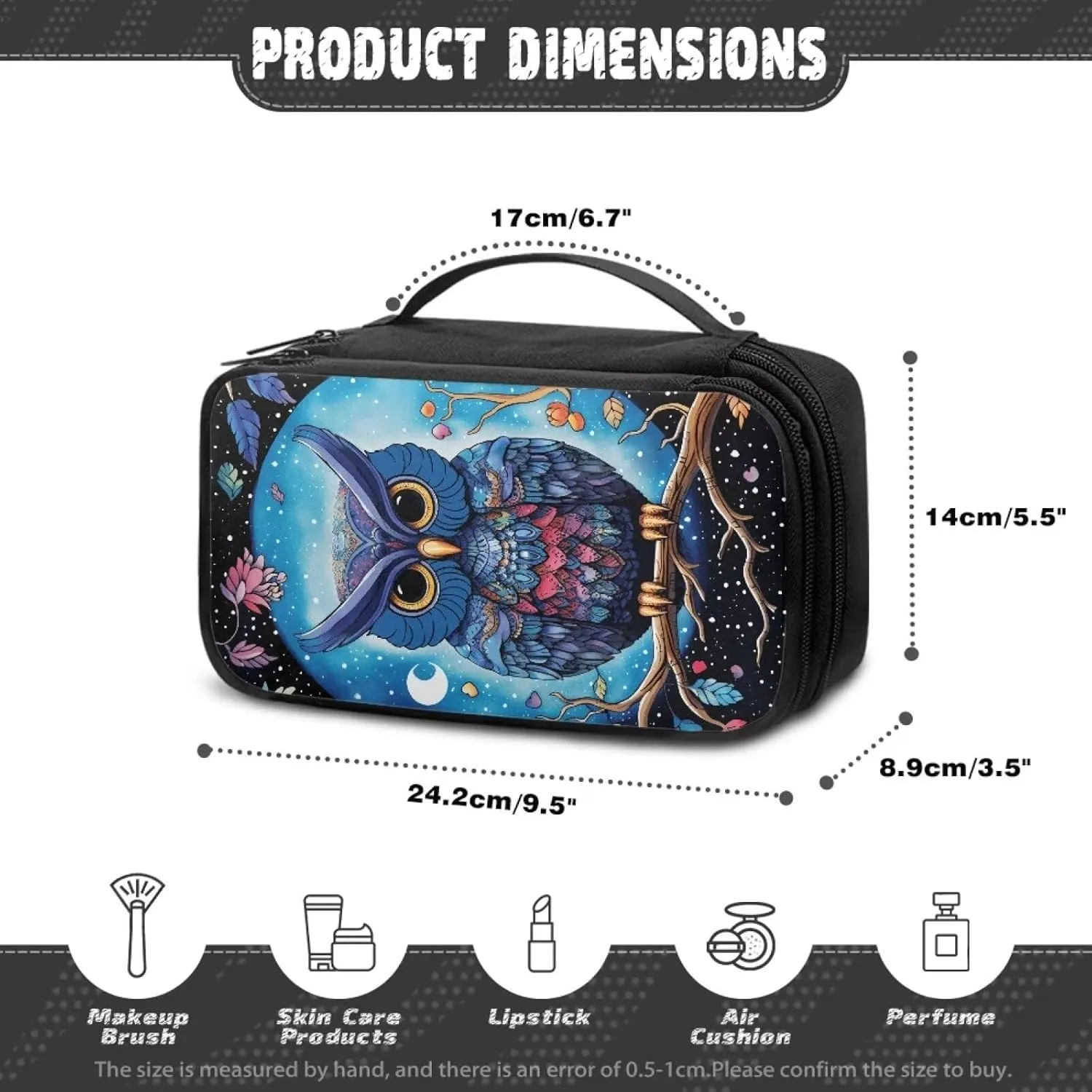 Yzaoxia Cartoon Owl Makeup Bag for Purse for Women Small Make Up Pouch Canvas Cosmetic Bags Travel Makeup Brushes Organizer with Handle Roomy Zipper Pocket