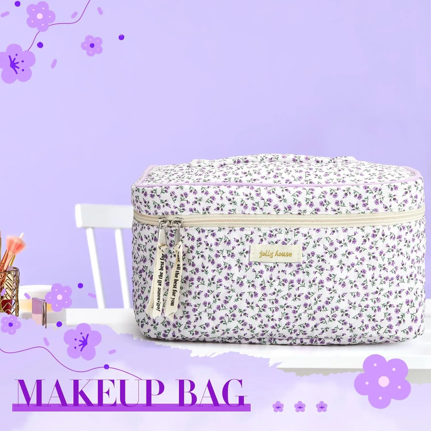 Zeyune 3 Pcs Quilted Makeup Bag Large Cosmetic Floral Makeup Bag Travel Toiletry Storage Aesthetic Cute Cosmetic Pouch with Zipper for Women Mom Birthday Gift Home Bathroom(Flower)