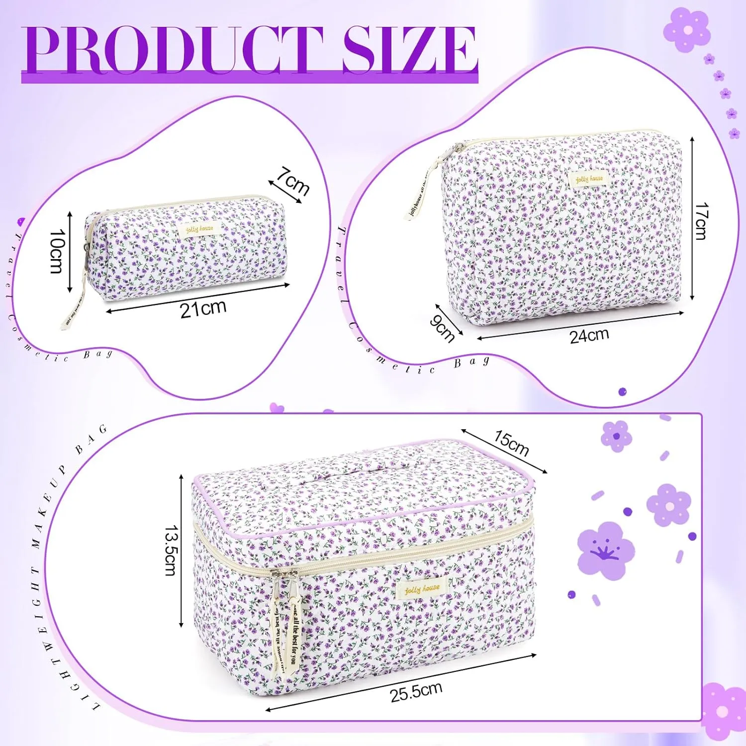 Zeyune 3 Pcs Quilted Makeup Bag Large Cosmetic Floral Makeup Bag Travel Toiletry Storage Aesthetic Cute Cosmetic Pouch with Zipper for Women Mom Birthday Gift Home Bathroom(Flower)