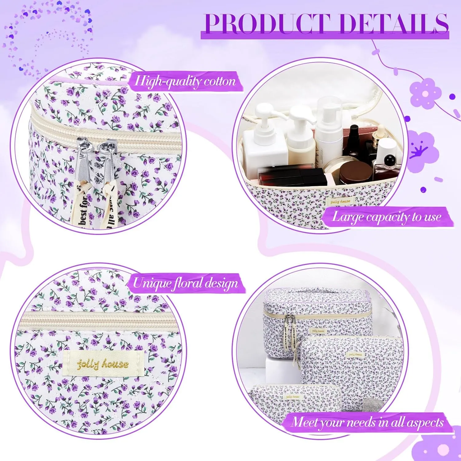 Zeyune 3 Pcs Quilted Makeup Bag Large Cosmetic Floral Makeup Bag Travel Toiletry Storage Aesthetic Cute Cosmetic Pouch with Zipper for Women Mom Birthday Gift Home Bathroom(Flower)