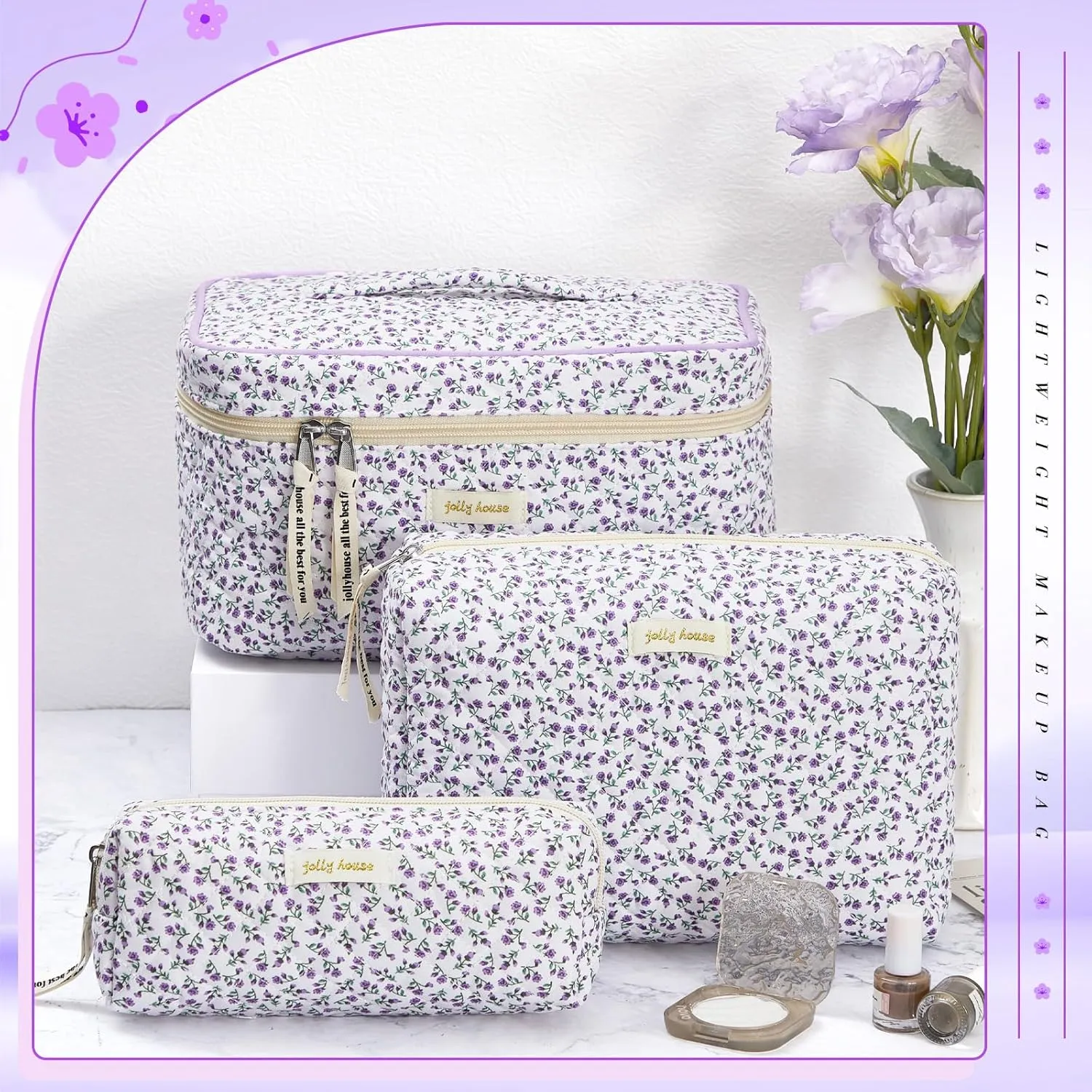 Zeyune 3 Pcs Quilted Makeup Bag Large Cosmetic Floral Makeup Bag Travel Toiletry Storage Aesthetic Cute Cosmetic Pouch with Zipper for Women Mom Birthday Gift Home Bathroom(Flower)