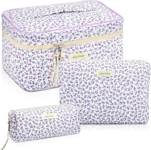 Zeyune 3 Pcs Quilted Makeup Bag Large Cosmetic Floral Makeup Bag Travel Toiletry Storage Aesthetic Cute Cosmetic Pouch with Zipper for Women Mom Birthday Gift Home Bathroom(Flower)