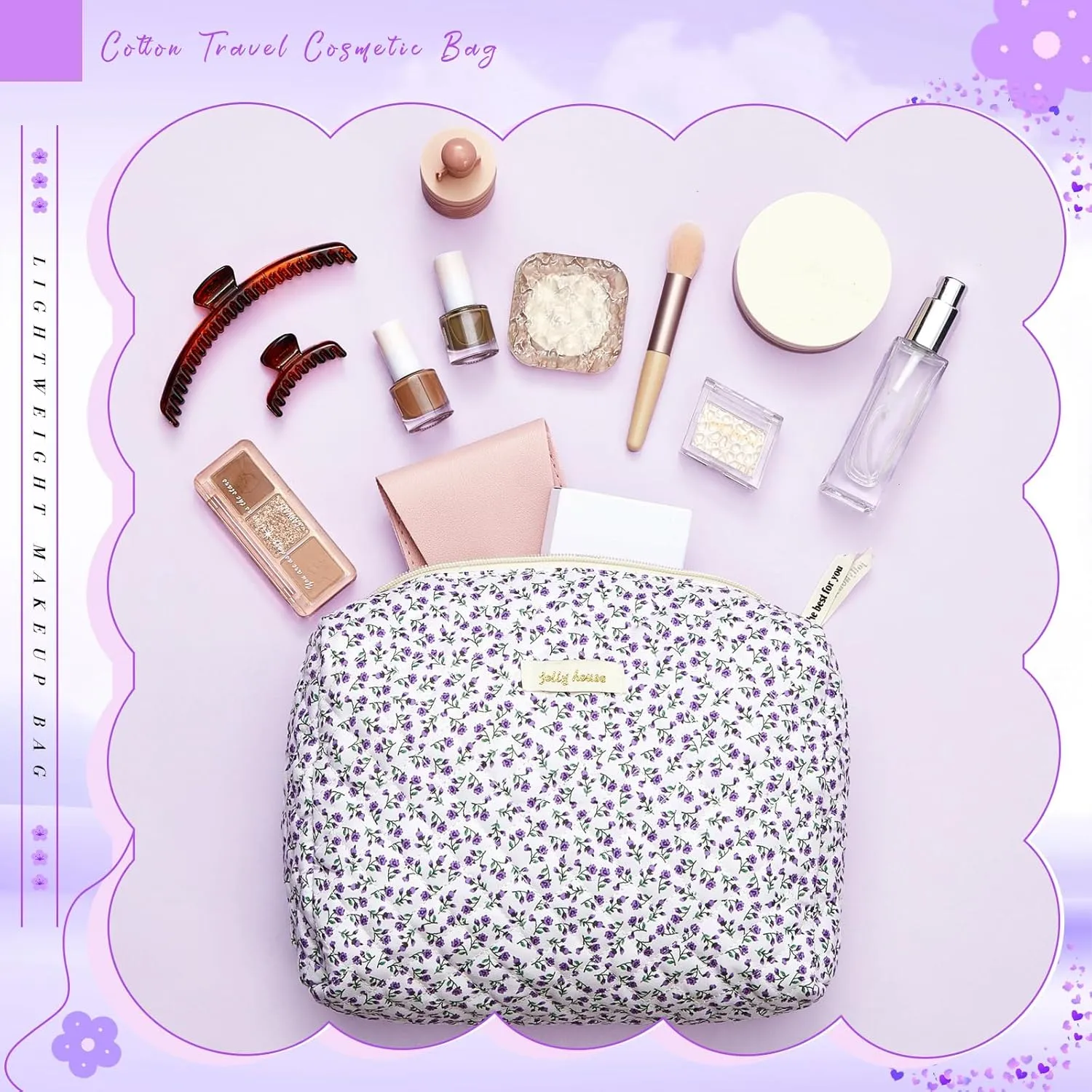Zeyune 3 Pcs Quilted Makeup Bag Large Cosmetic Floral Makeup Bag Travel Toiletry Storage Aesthetic Cute Cosmetic Pouch with Zipper for Women Mom Birthday Gift Home Bathroom(Flower)