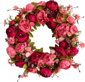 Zoey Large Burgundy, Red Peachy, Pink Faux Peony Flower Wreath 23" Fall Autumn and All Season Door Wreath Handmade Door Wreaths