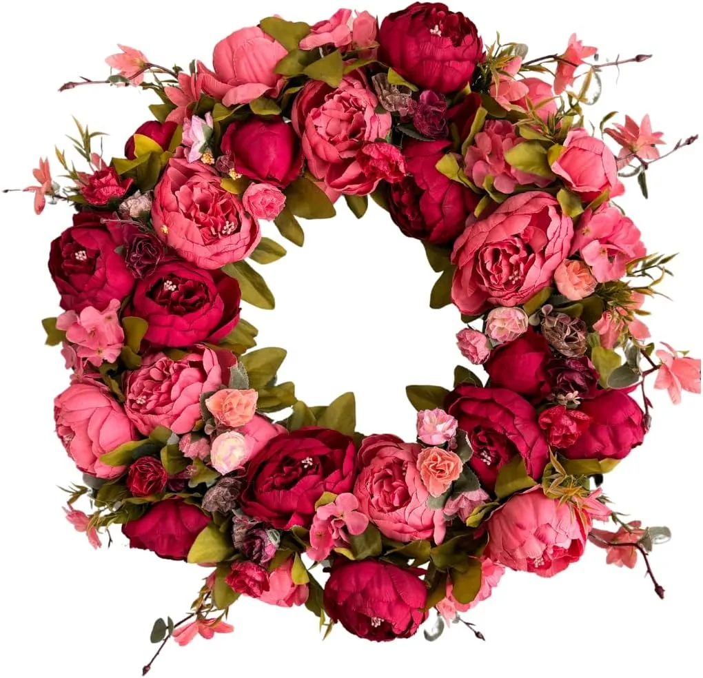Zoey Large Burgundy, Red Peachy, Pink Faux Peony Flower Wreath 23" Fall Autumn and All Season Door Wreath Handmade Door Wreaths