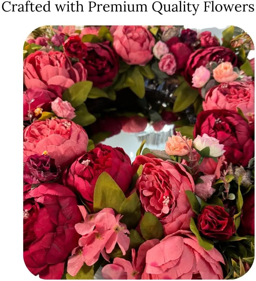 Zoey Large Burgundy, Red Peachy, Pink Faux Peony Flower Wreath 23" Fall Autumn and All Season Door Wreath Handmade Door Wreaths